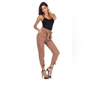 Grace Karin High Waisted Paperboy Pants Front Bow Tie Belt Elastic Waistband